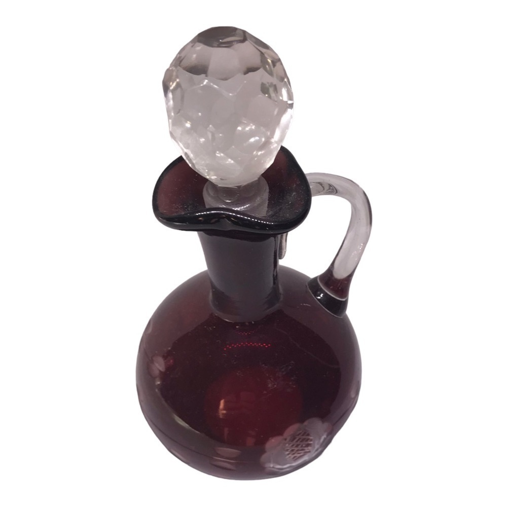 Vintage Ruby Red Romanian Glass Perfume Bottle Etched with Vines and Leaves